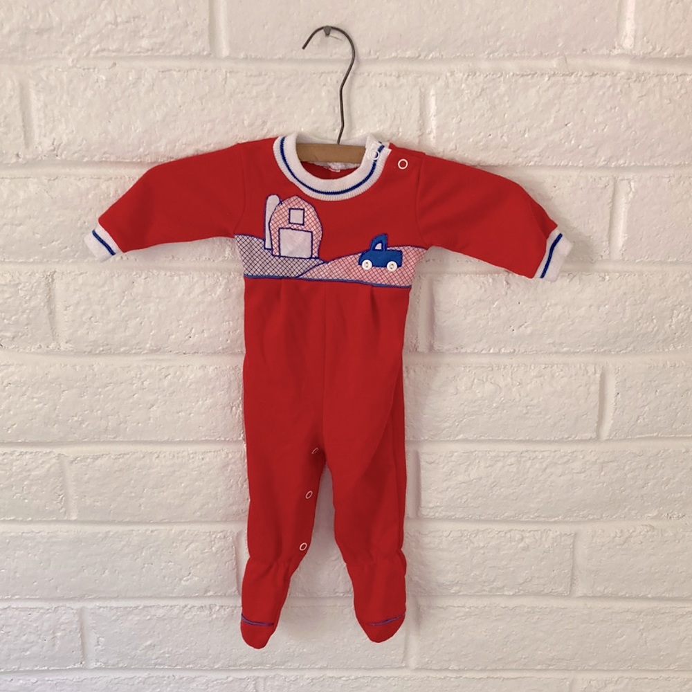 Vintage Infant Red Baby Barn and Tractor Footie Pajamas